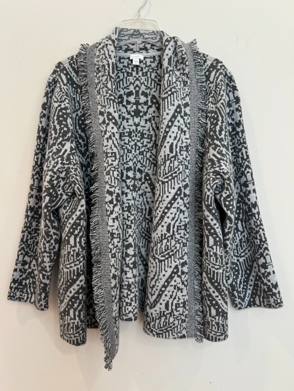 Pure Jill Jacquard Fringed Cardigan Womens 2X Gray Open Front Mid Length Swing